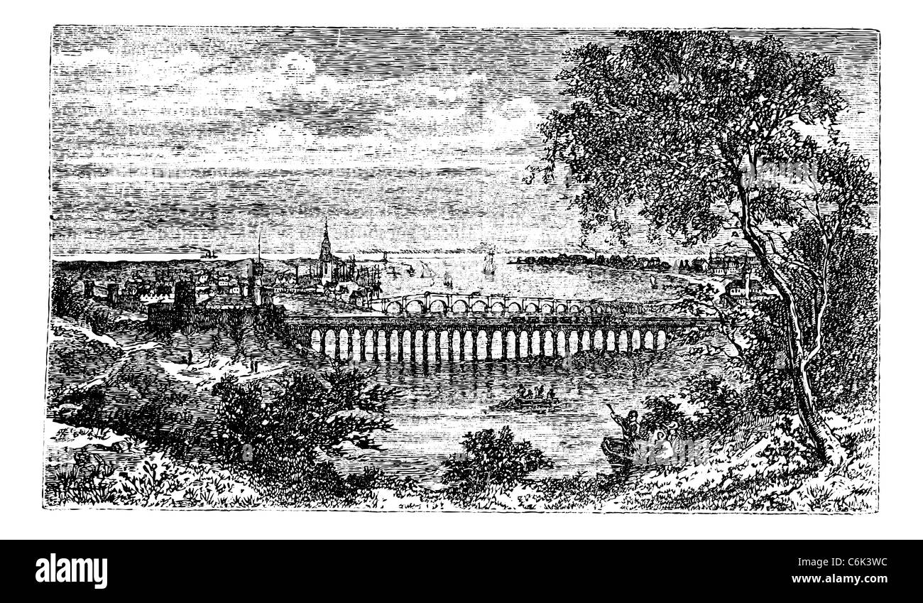 Berwick-upon-Tweed, Northumberland, Angleterre, ancien gravé illustration de la ville, Berwick, en Angleterre. Banque D'Images