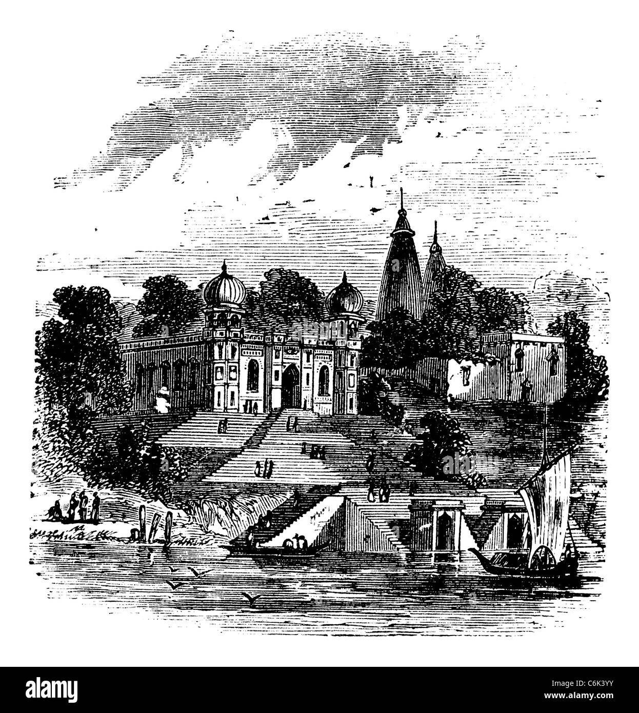 Bithoor, Ghat, Gange, Kanpur, Uttar Pradesh, Inde. Vieux millésime de la gravure, 1890. Banque D'Images