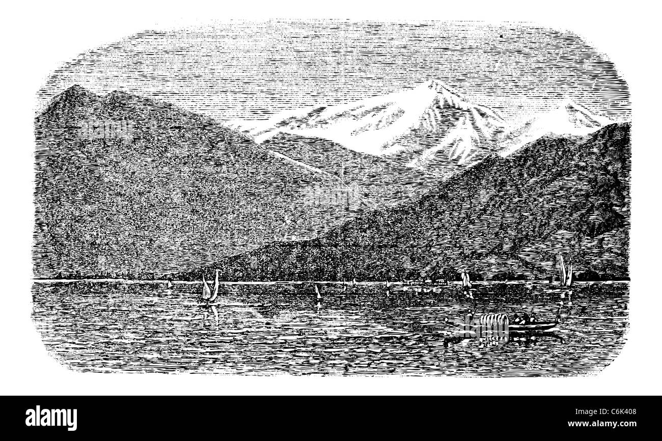 Mont Blanc, montagne, ancien gravé illustration de Mont Blanc, montagne, lac de Genève, Suisse et France, 1890. Banque D'Images
