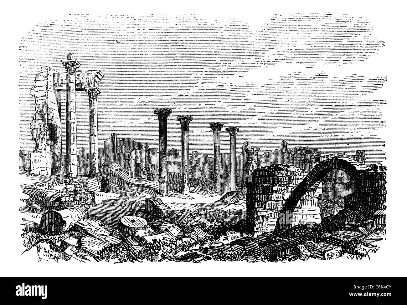 Capitale provinciale d'Edorn, Jordanie, Bouseira maintenant vintage la gravure. Vieille illustration gravée de ruines de Botsra, en Jordanie, dans les années 1890 Banque D'Images