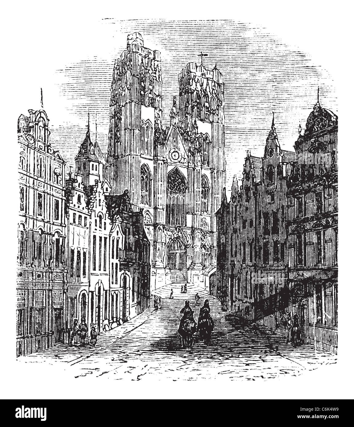 Saint-Gudula l'Église, en Belgique. Gravure d'époque. Gravée ancienne illustration d'une église catholique à la Treurenberg hill. Banque D'Images