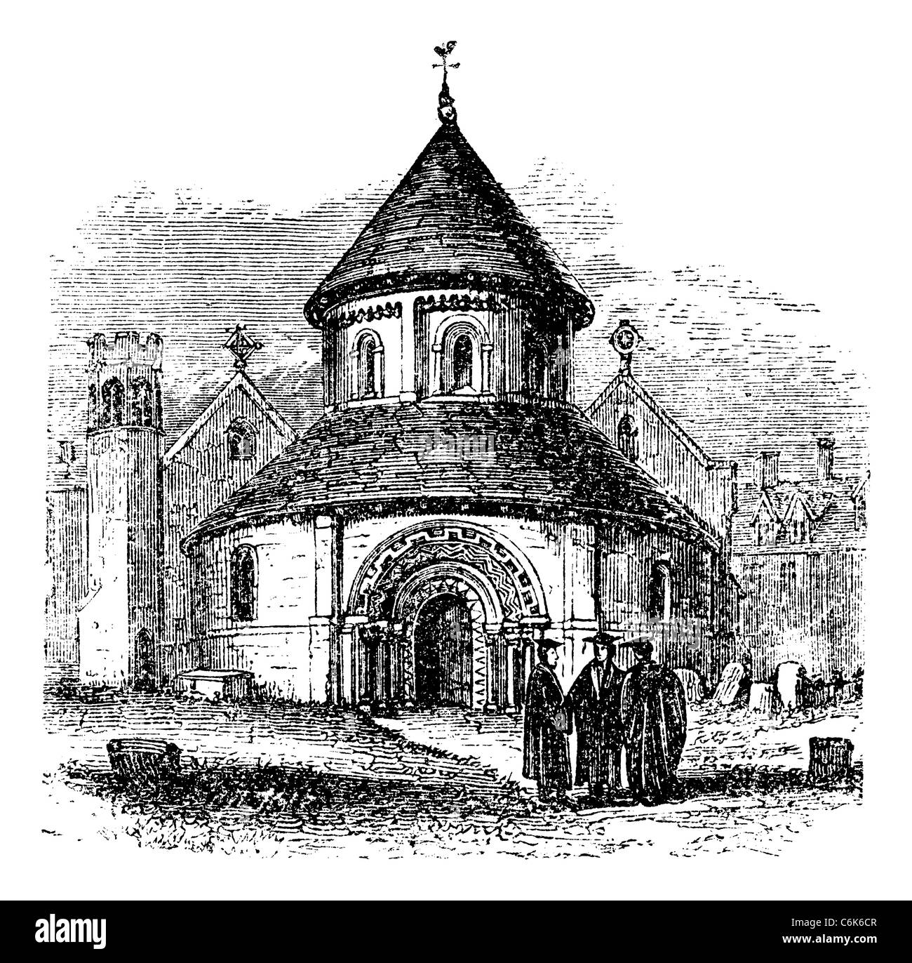 Vieille illustration gravée de l'église du Saint Sépulcre, avec trois chercheurs debout devant elle, années 1890 sé Banque D'Images