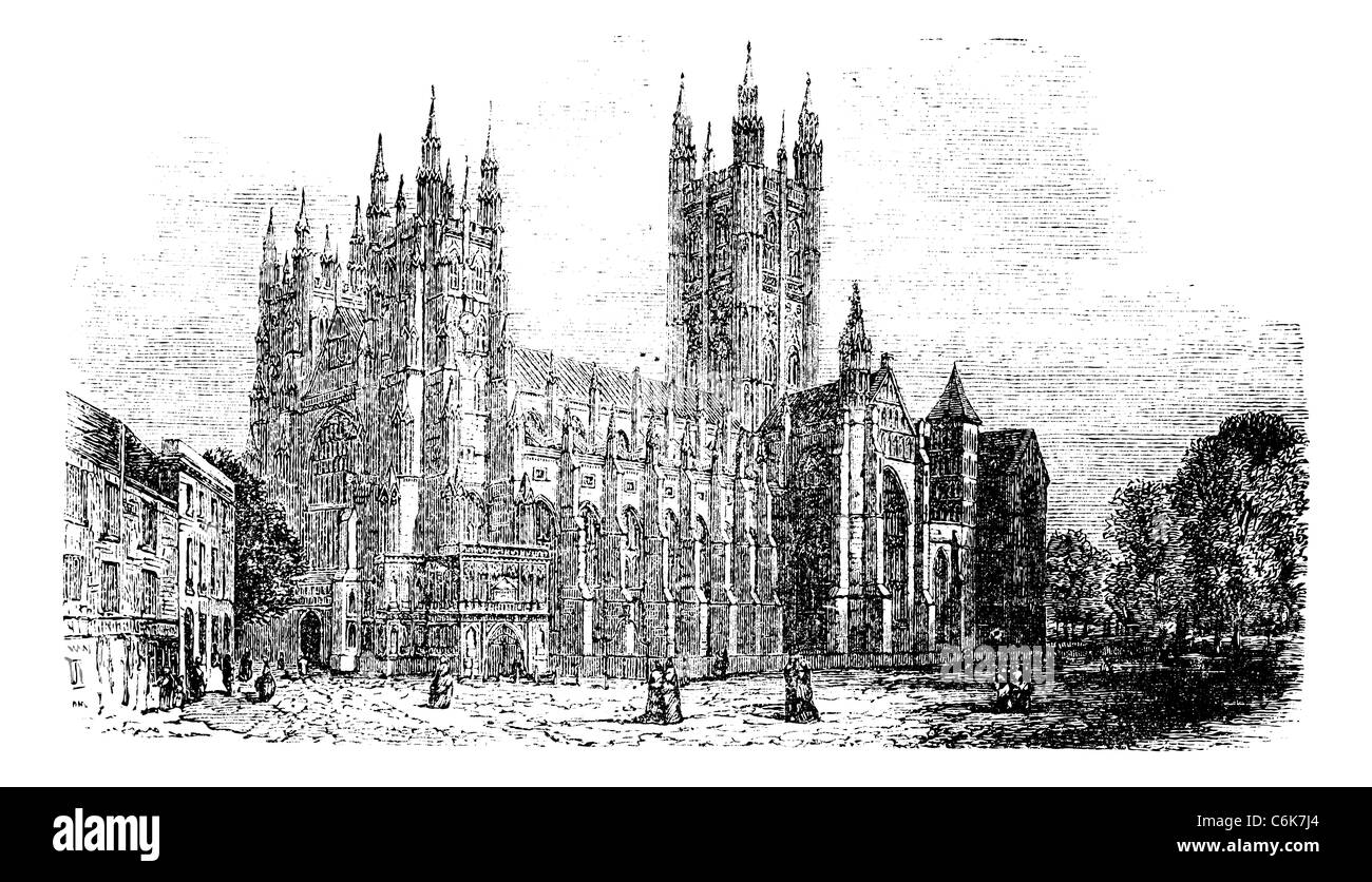 Kent, Angleterre vintage.gravure ancienne illustration gravée d'une scène de rue vue de la Cathédrale de Canterbury dans les années 1890 Banque D'Images