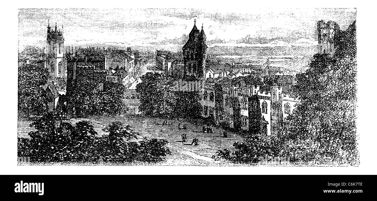 Vue du château de Cardiff, Pays de Galles, Royaume-Uni vintage la gravure. Illustrationg ville ancienne gravée de Cardiff au cours des années 1890. Banque D'Images