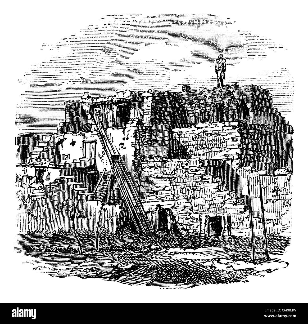 Casas Grandes, Paquime vintage la gravure. Vieille illustration gravée du site archéologique de Casas Grandes, Mexique, 1890. Banque D'Images
