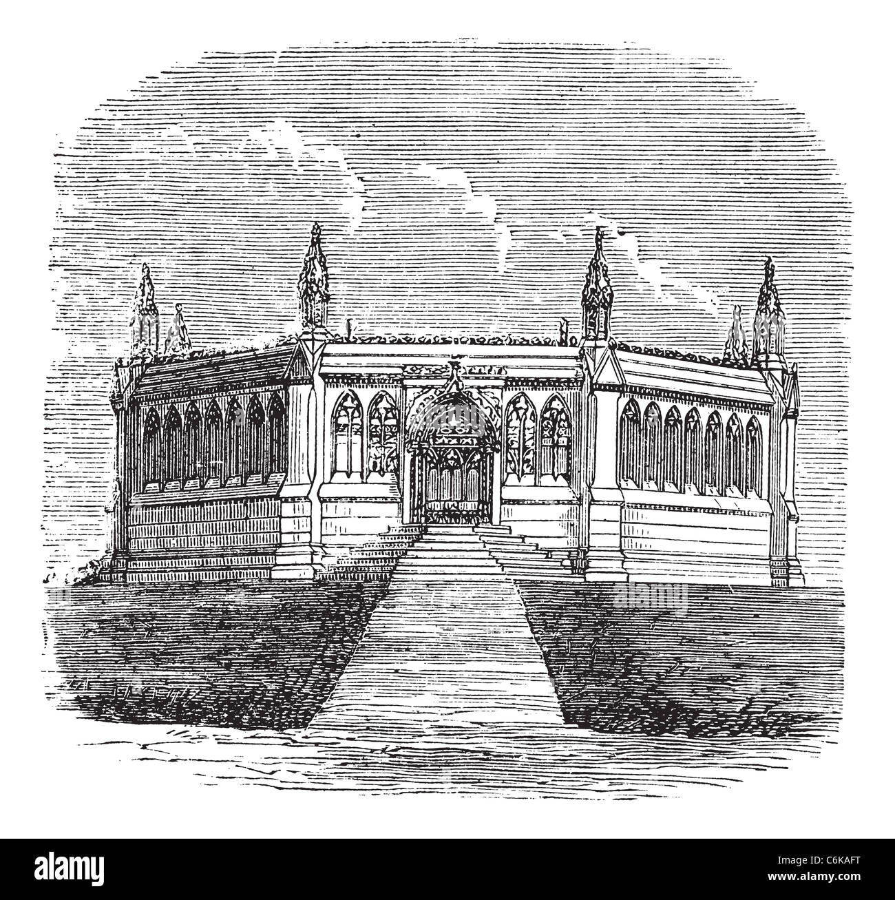 War Memorial à Cawnpore, Inde, gravure d'époque. Vieille illustration gravée du siège de Cawnpore War Memorial, 1890. Banque D'Images