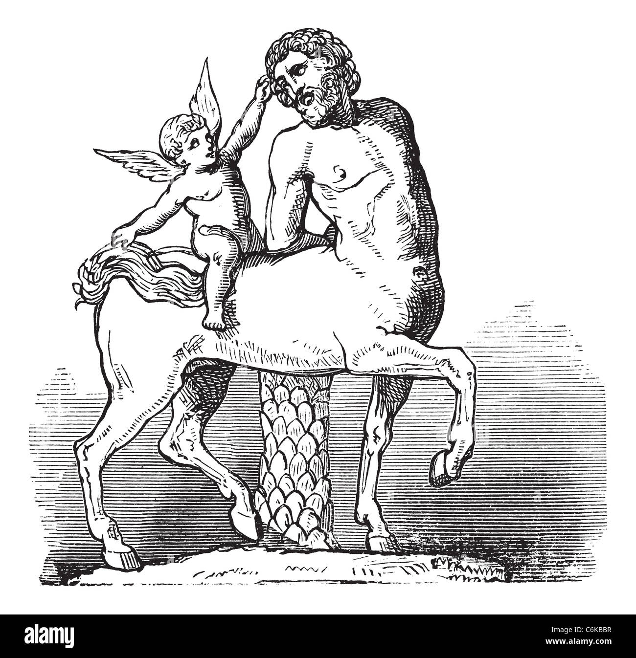 Centaure Chiron et de Cupidon statue vintage la gravure. Vieille illustration gravée du centaure Chiron et de cupidon statue, années 1800. Banque D'Images