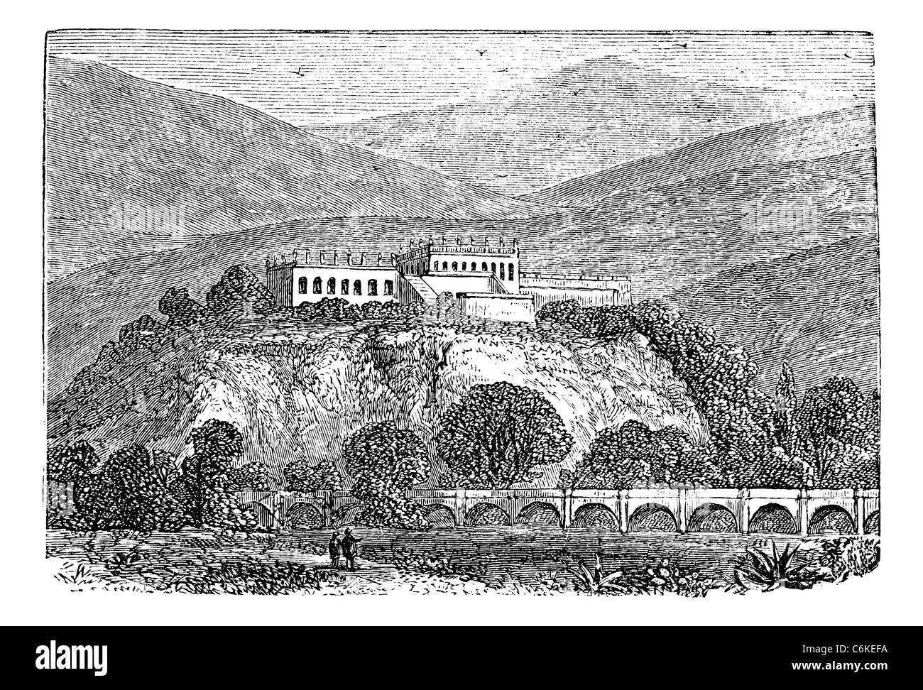 Parc Bosque de Chapultepec à Mexico, à la fin des années 1800 vintage la gravure. Ancien gravé illustration d'un parc de Chapultepec. Banque D'Images