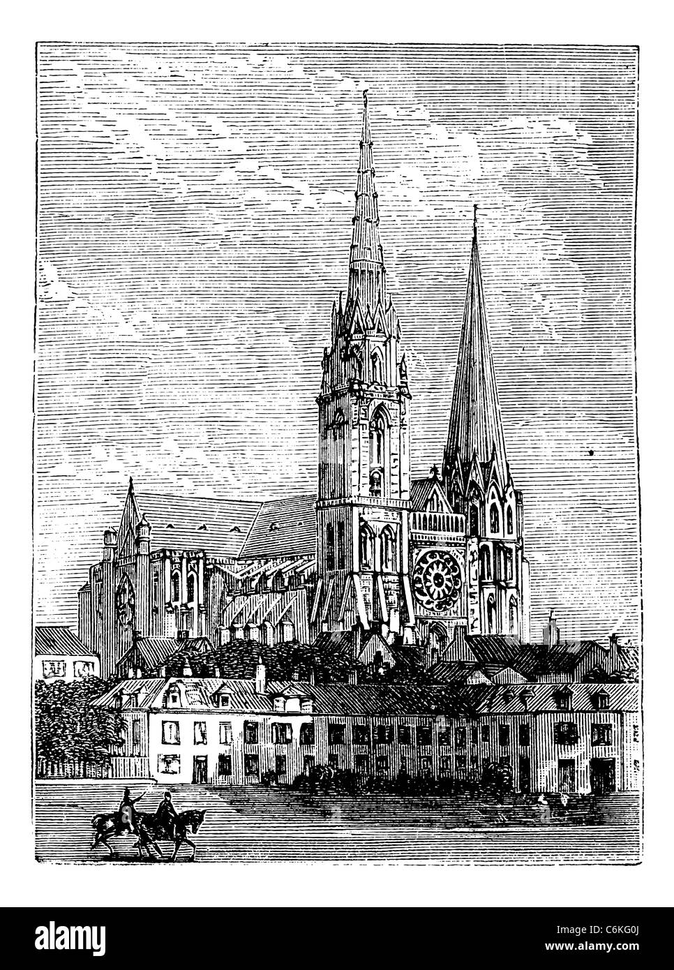 La cathédrale de Chartres, à Chartres, France, pendant les années 1890, gravure d'époque. Vieille illustration gravée de la cathédrale de Chartres. Banque D'Images
