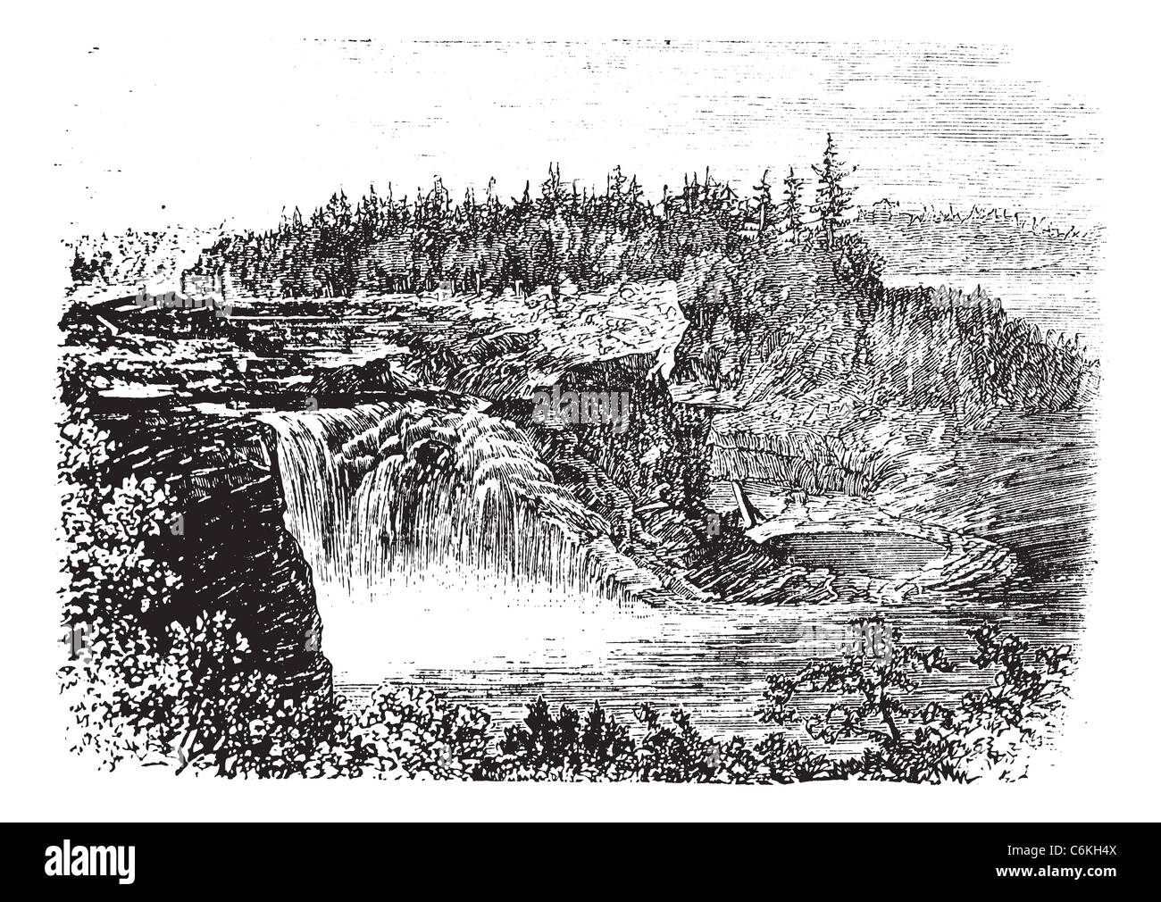 Chutes de la rivière Chaudière au Québec,Canada, vintage la gravure, au cours des années 1890. Vieille illustration gravée de la Kettle Falls. Banque D'Images