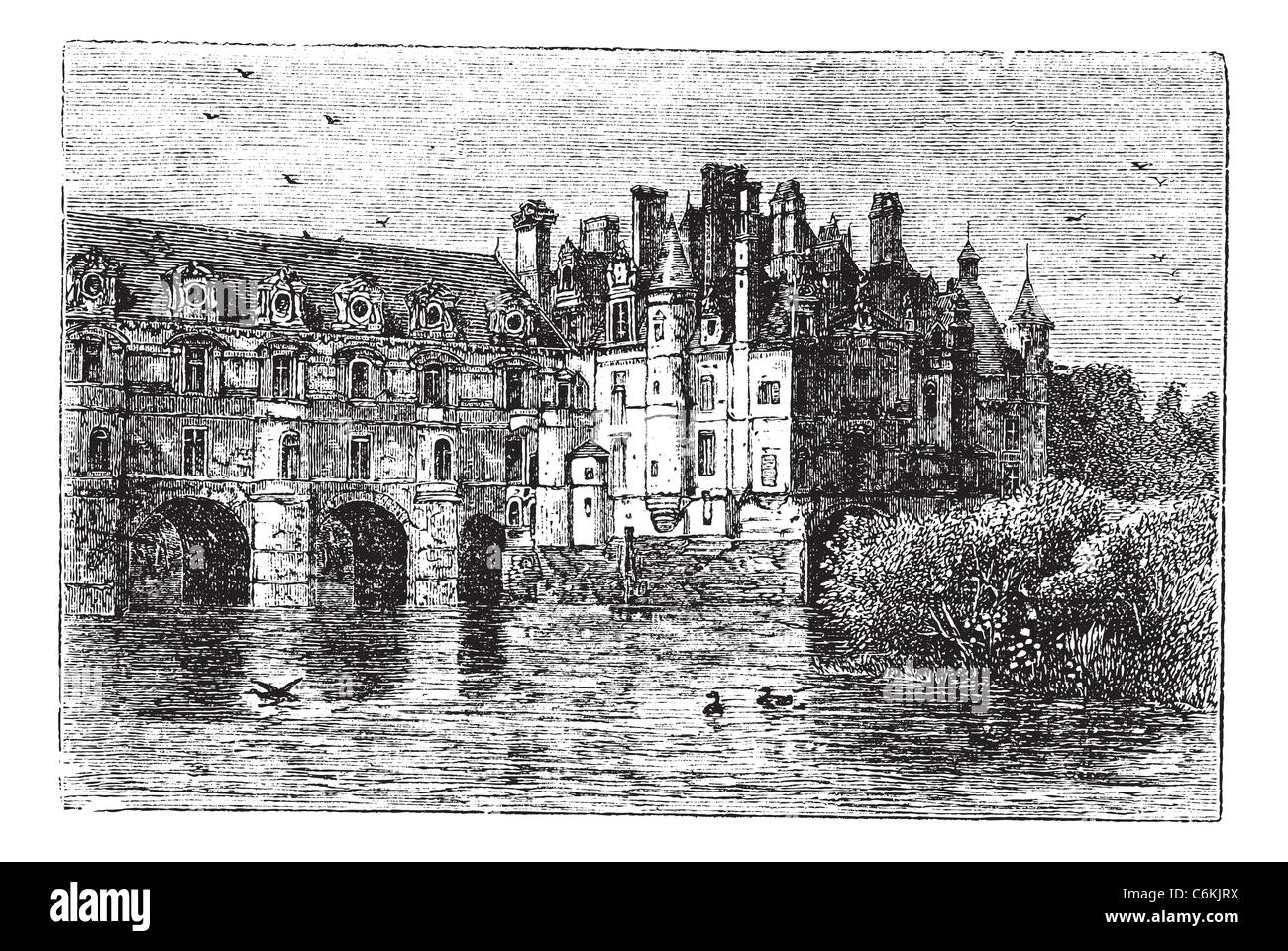 Château de Chenonceau, à Chenonceaux, France, pendant les années 1890, gravure d'époque. Vieille illustration gravée de la visite du Château de Chenonceau. Banque D'Images