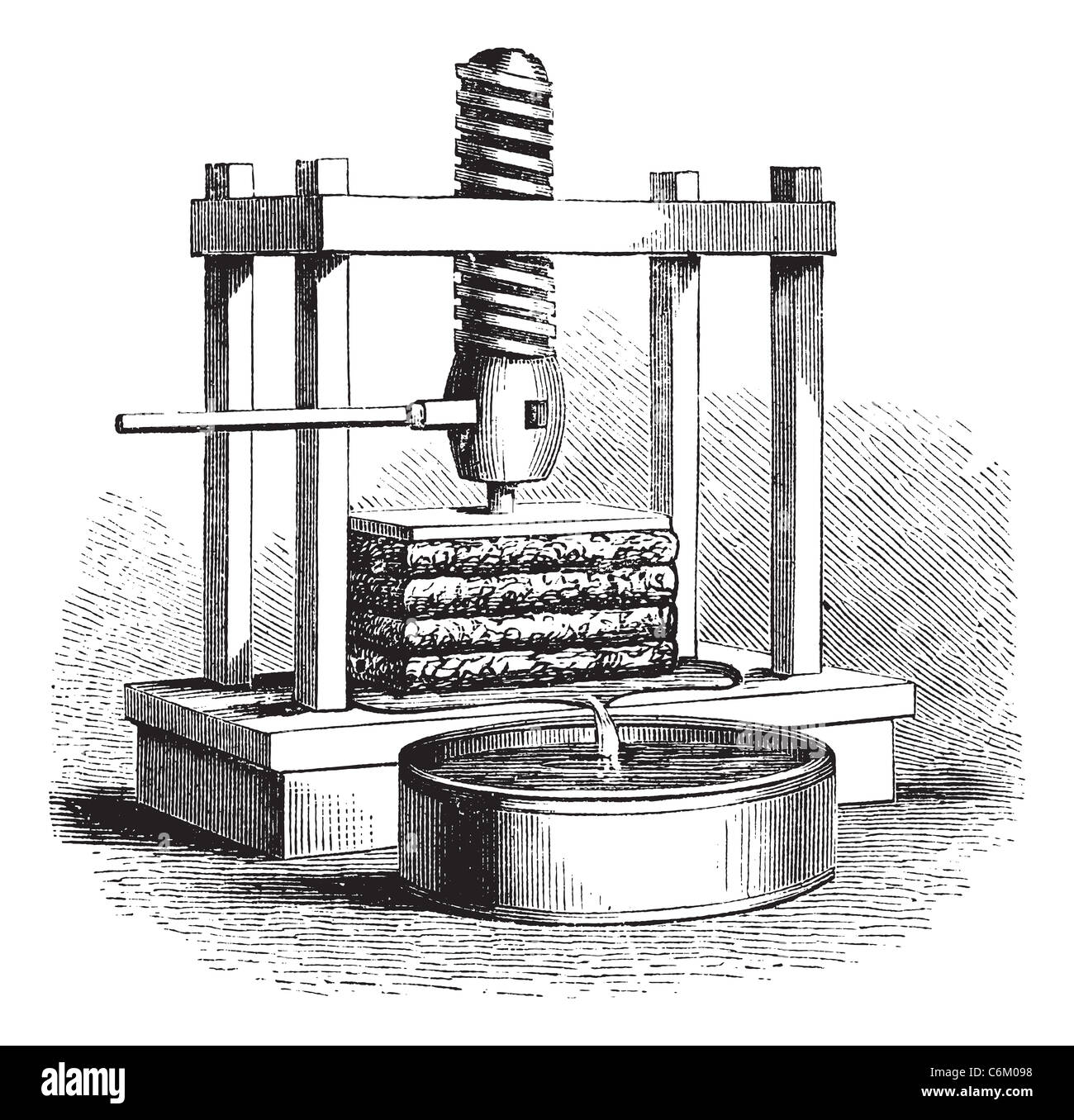 Pressoir à cidre, gravure d'époque. Ancien gravé illustration d'un pressoir à cidre. Banque D'Images