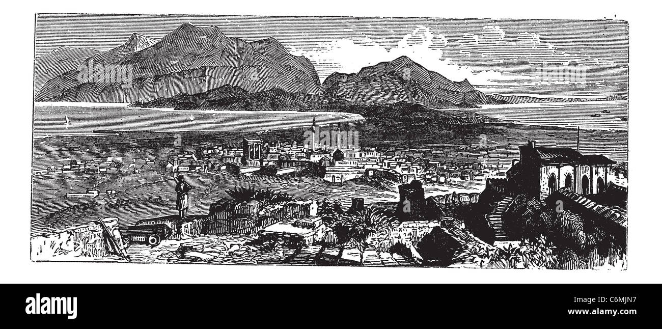 Acrocorinth à Corinthe, en Grèce, au cours des années 1890, vintage la gravure. Vieille illustration gravée de Acrocorinth. Banque D'Images
