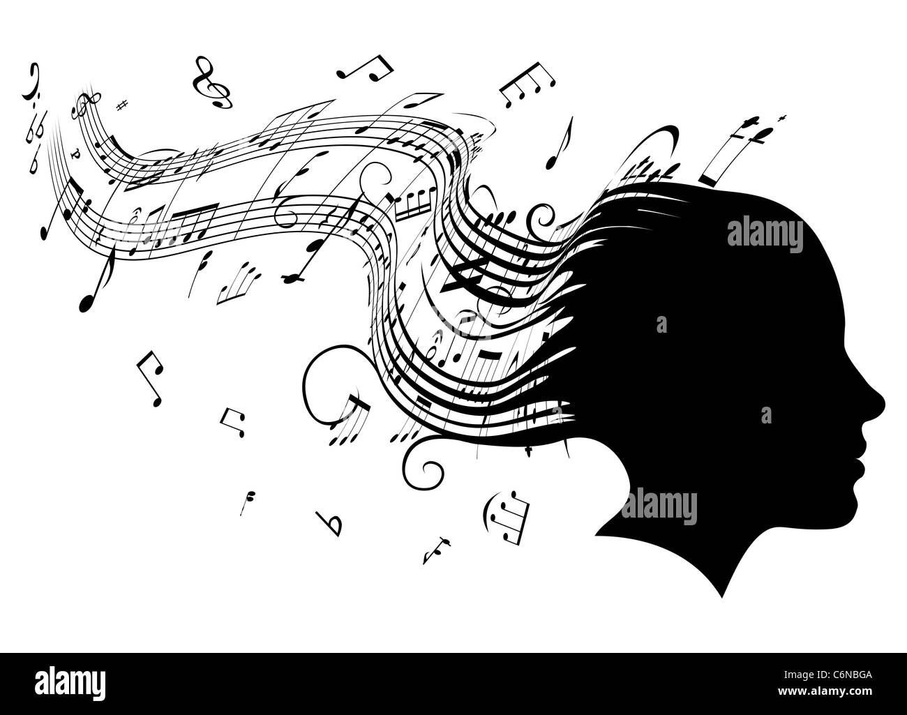 Illustration conceptuelle de la tête d'une femme de profil avec un sèche se transformer en notes de musique partitions de musique Banque D'Images