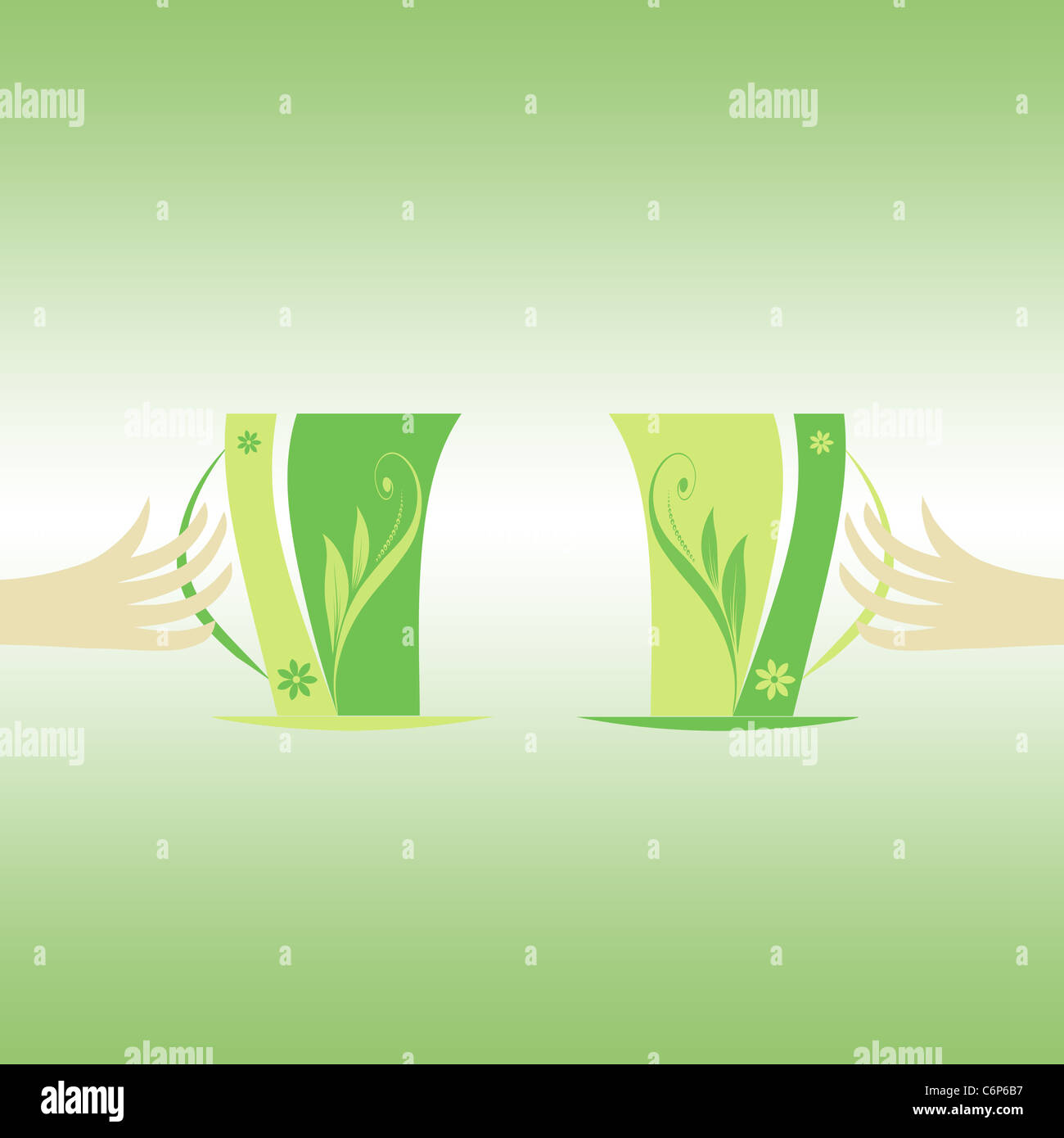 Résumé tasses et les mains isolé sur fond vert Banque D'Images