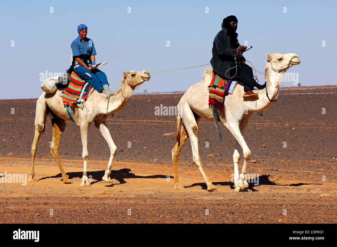 Nomade Touareg et un guide touristique épuisé sur leur droemdaries pendant un désert rode dans le désert du Sahara, la Libye Banque D'Images