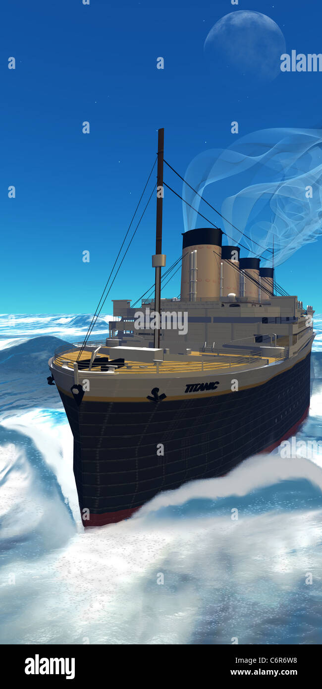 Le navire Titanic croisière le long à pleine vapeur en dessous d'un ciel obscur. Banque D'Images