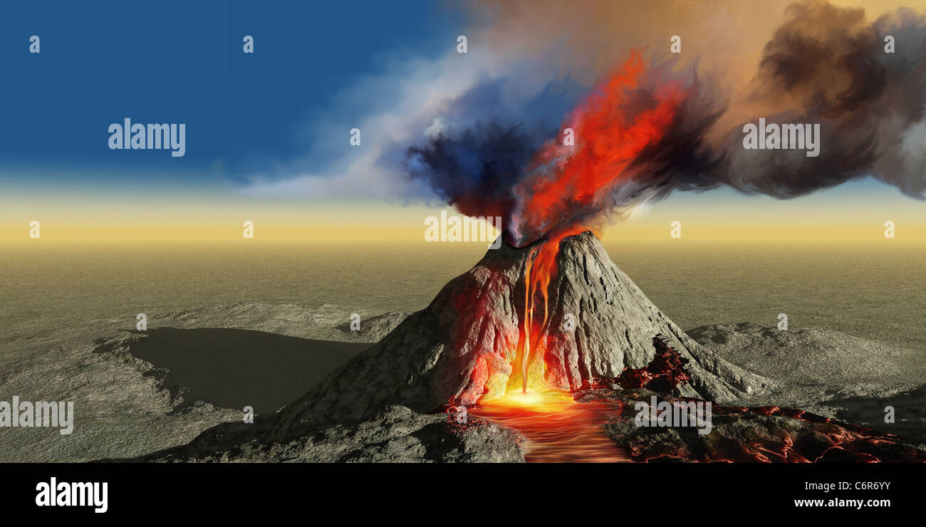 Un volcan actif éructe la fumée et de la lave rouge en fusion dans une éruption. Banque D'Images