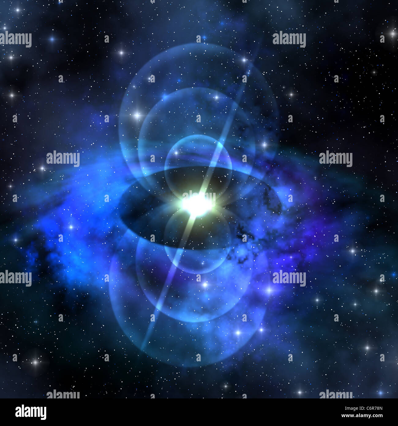 Une étoile brillante envoie des ondes magnétiques dans l'espace environnant. Banque D'Images