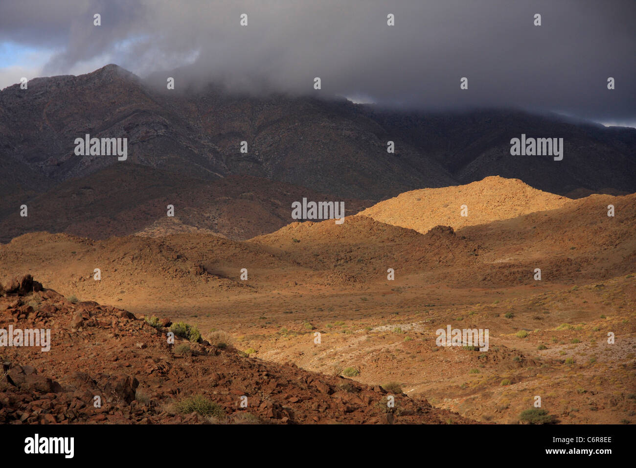 Paysage semi-désertique avec des nuages sur l'Rosuintjieberg montagnes au loin. Banque D'Images