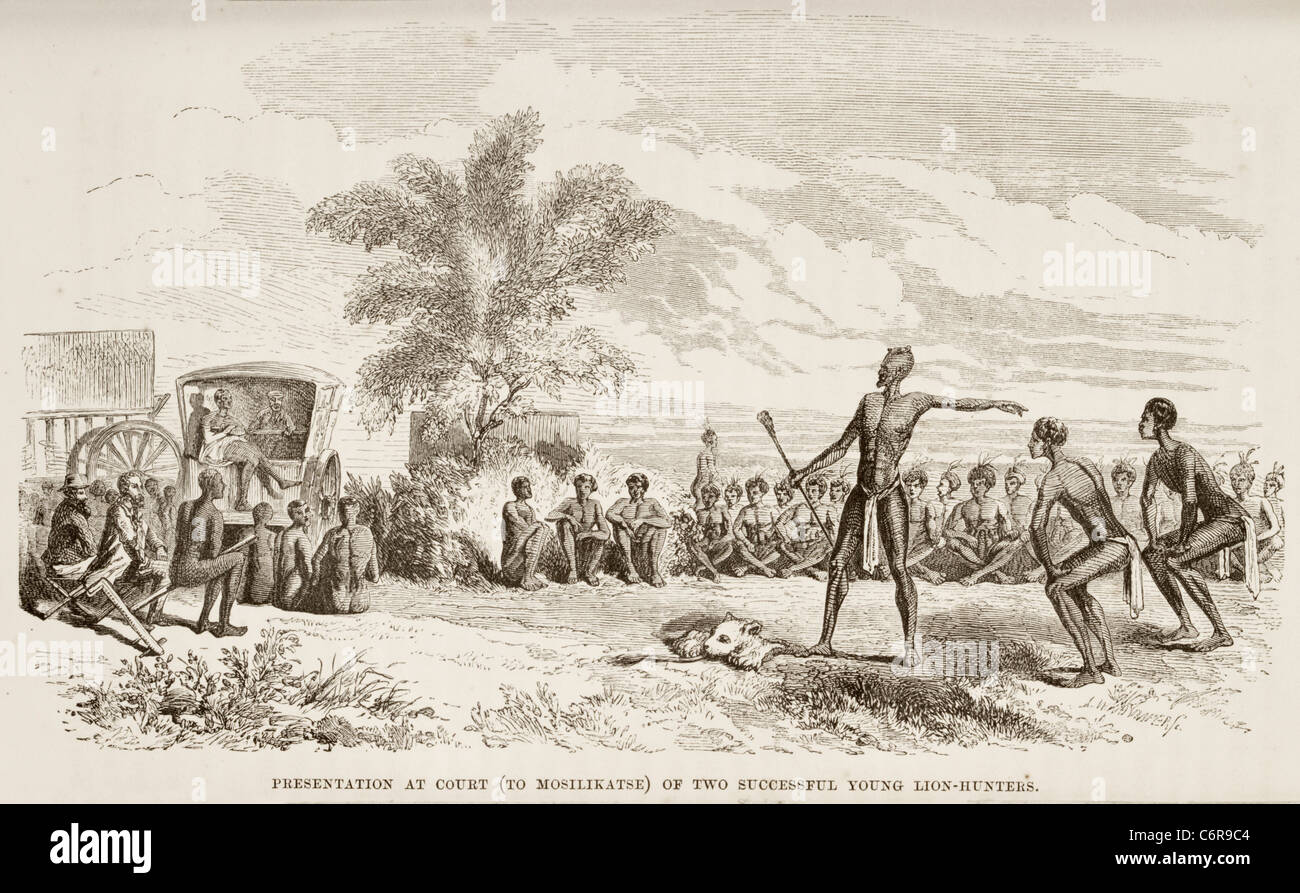 Illustration de David Livingstone's book montrant la présentation de deux chasseurs d'Mosilikatse lion en cour Banque D'Images