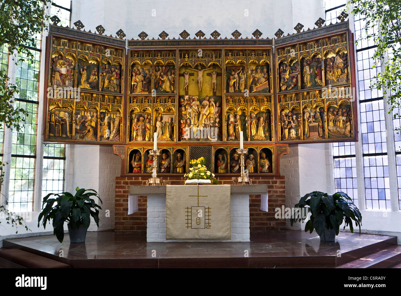 15e siècle l'autel ailé à la Nikolaikirche (St. Nicholas' Church) à Kiel, Allemagne, Lubeck Luneberg École. Banque D'Images