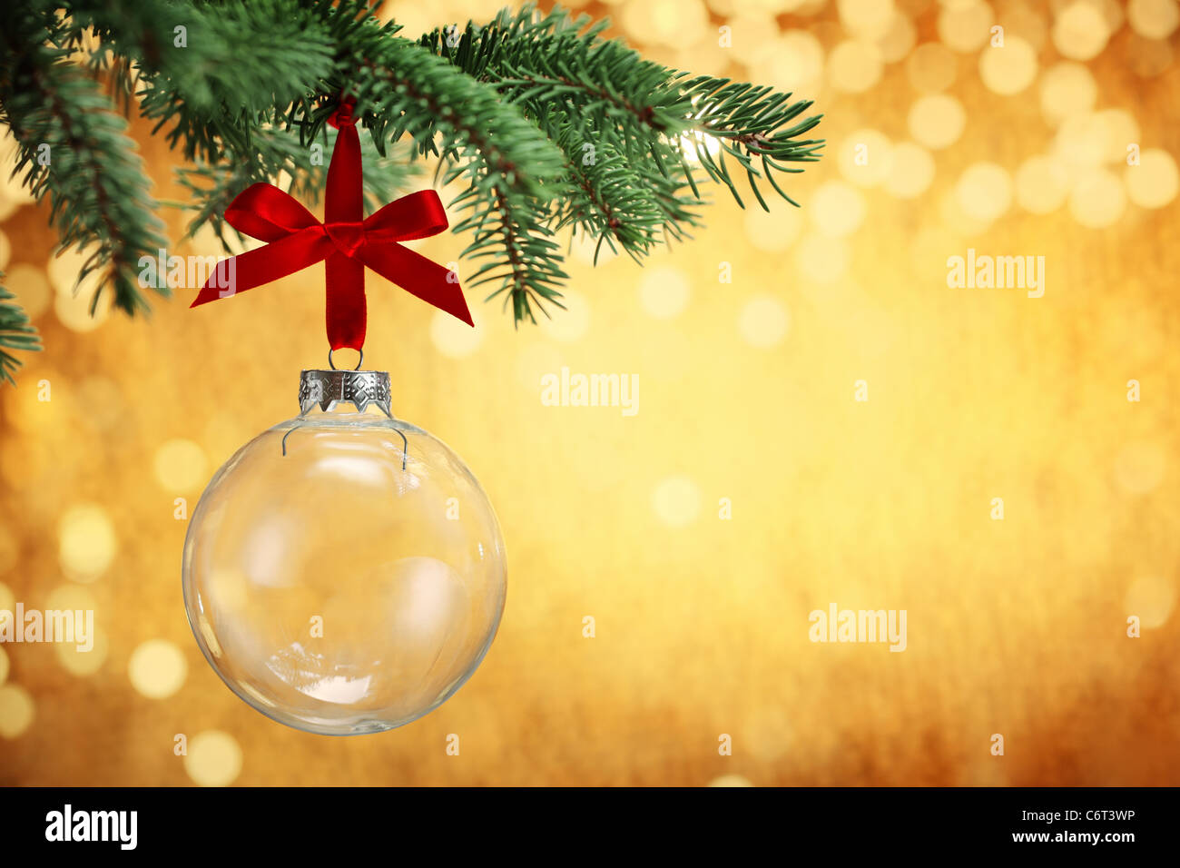 Boule de Noël en verre suspendu à des branches de pins avec arrière-plan de fête. Banque D'Images