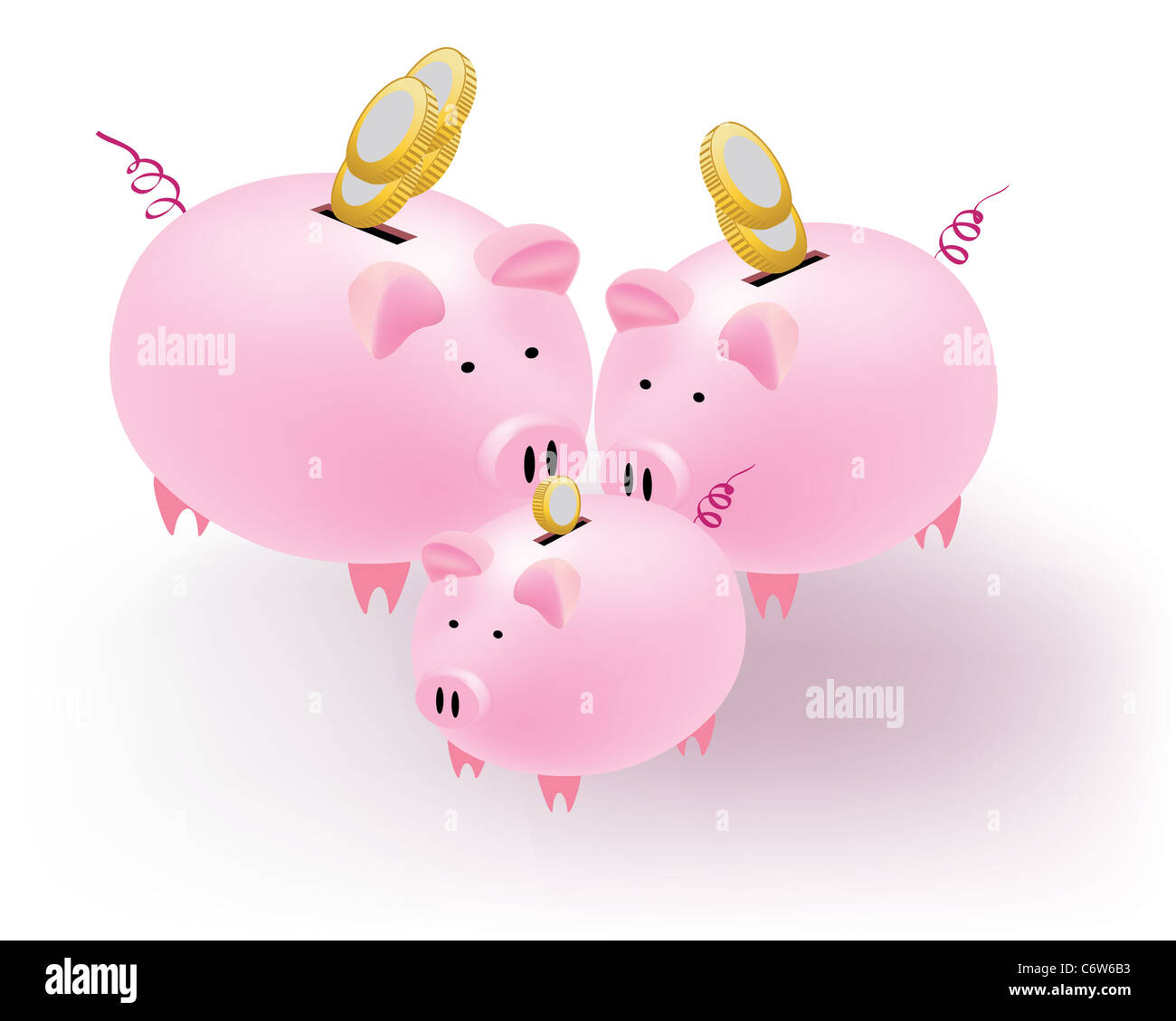 Piggy bank with coins sur un fond blanc. Banque D'Images