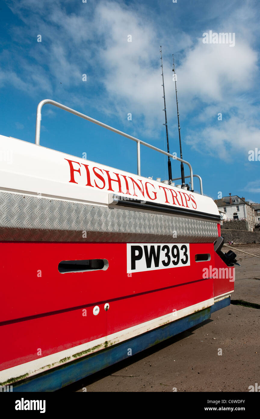 Gros plan du côté de la publicité d'un bateau de pêche dans le village de Port Isaac, Cornwall, Angleterre. Banque D'Images