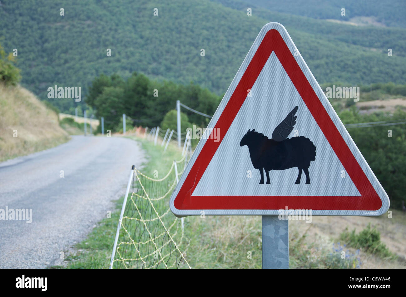 Attention, le vol à basse altitude les moutons ! Ce panneau routier français rural a été modifié par l'ajout d'ailes d'humour au mouton symbole. La Drôme, France. Banque D'Images