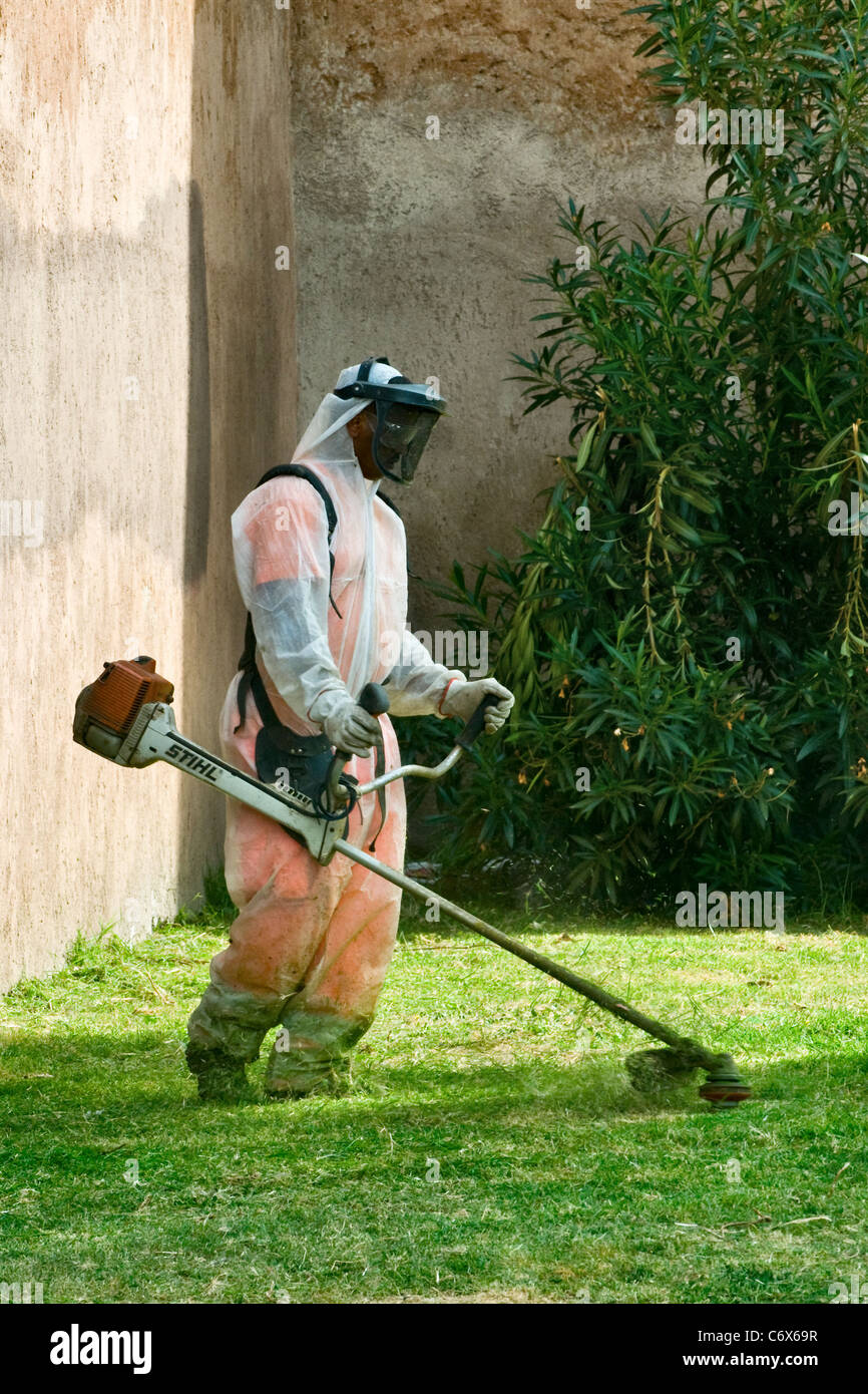 À l'aide d'un travailleur du Conseil machine strimming essence commerciale strimmer (Stihl) l'herbe dans des vêtements de protection complète Banque D'Images