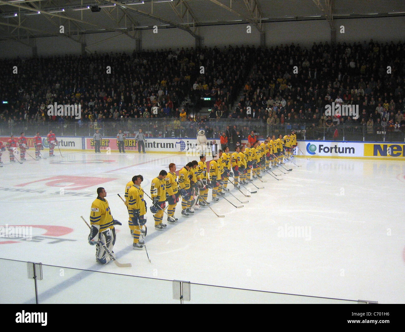 Gardien de but de hockey sur glace de Stefan Liv (le plus proche) avant un match entre la Suède et la République tchèque en 6 nov 2003. Banque D'Images