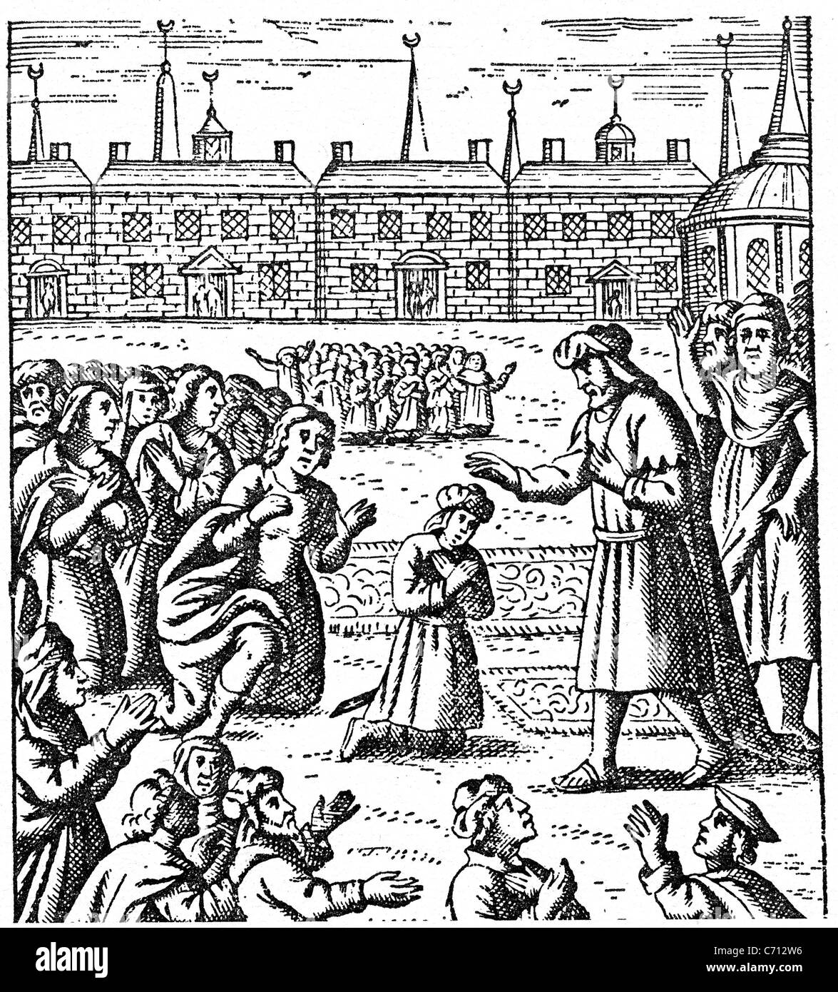 Sabbataï TSEVI (1626-1676) Grand Rabbin séfarade bénit certains de ses disciples dans une gravure sur bois de 1685 Banque D'Images