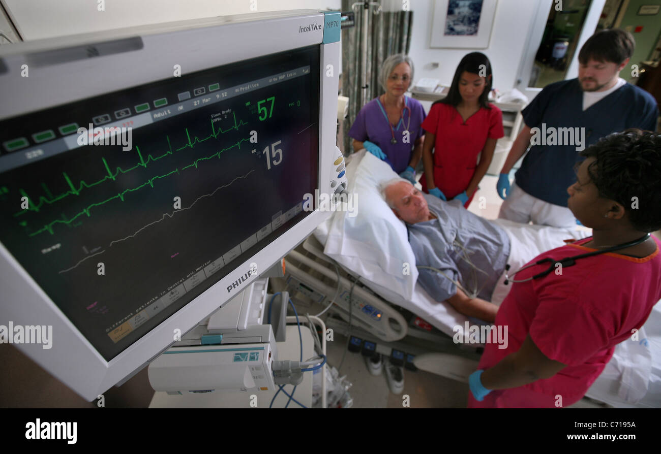 Les infirmières entourent un patient pendant une intervention rapide avec un électrocardiogramme, la machine dans une chambre d'hôpital. Banque D'Images