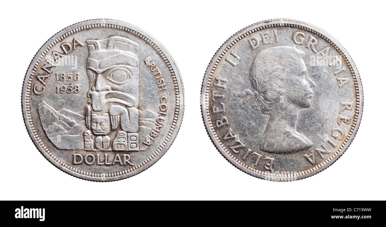 Pièce d'argent canadienne commémorative de 1958 célébrant les 100 ans de la Colombie-Britannique. Usé et sale de monnaie. Banque D'Images