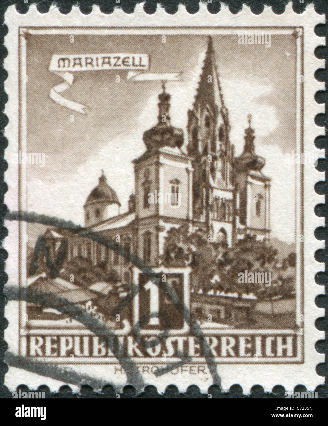 Autriche - 1960 : timbre imprimé en Autriche, spectacles et Mariazell Basilica de la naissance de la Vierge Marie Banque D'Images