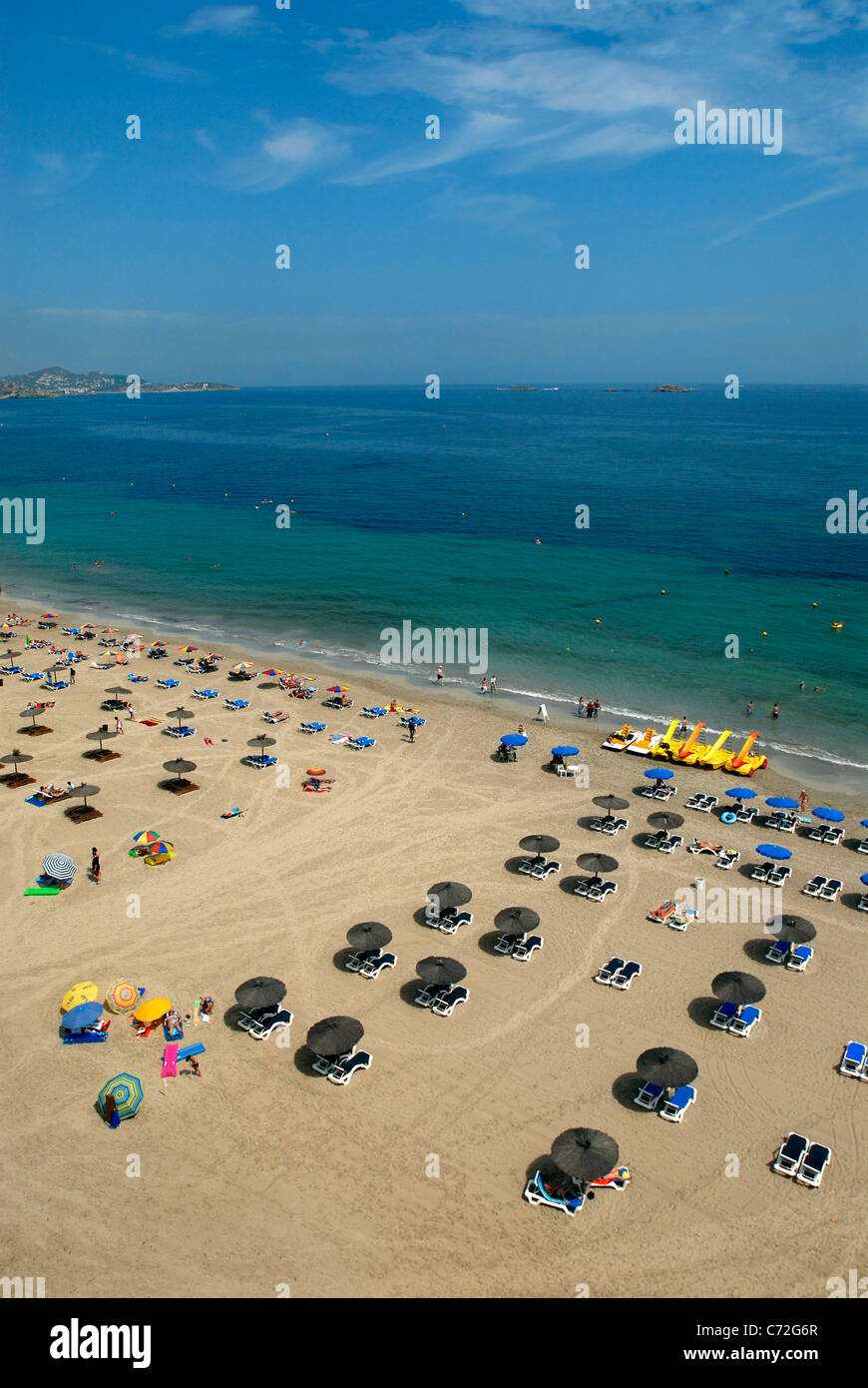 Playa d'en Bossa, Ibiza, Baléares, Espagne Banque D'Images