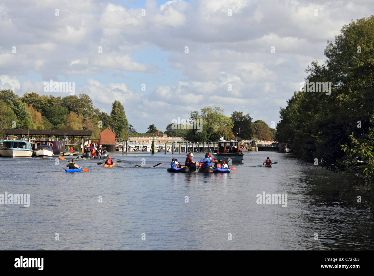 David Walliams Charité Secours Sport nager le long de la Tamise à Hampton et Molesey Surrey England UK. Septembre 2011. Banque D'Images