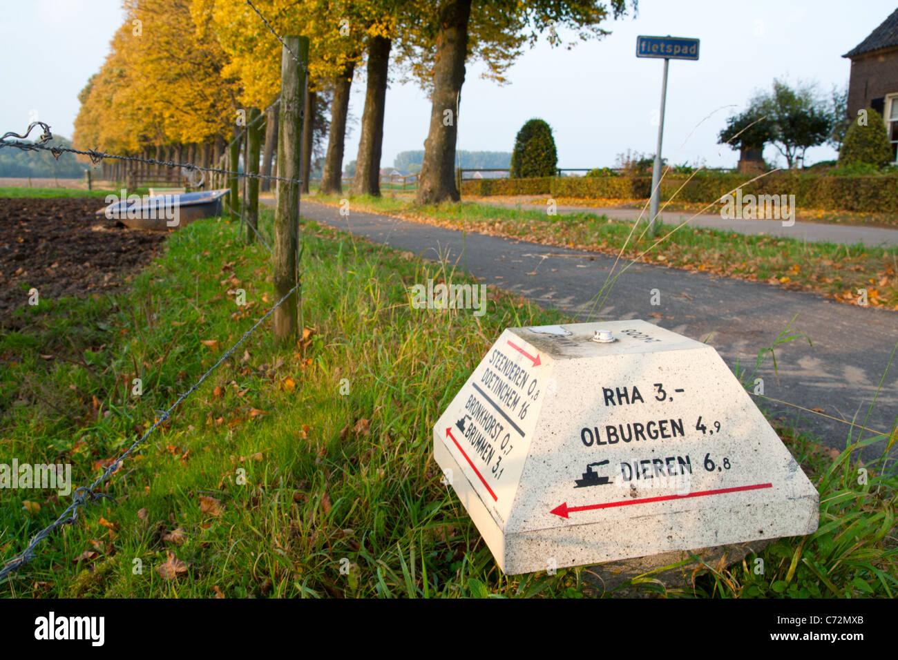 Un randonneur-motards signpost champignons dans la campagne hollandaise. Banque D'Images