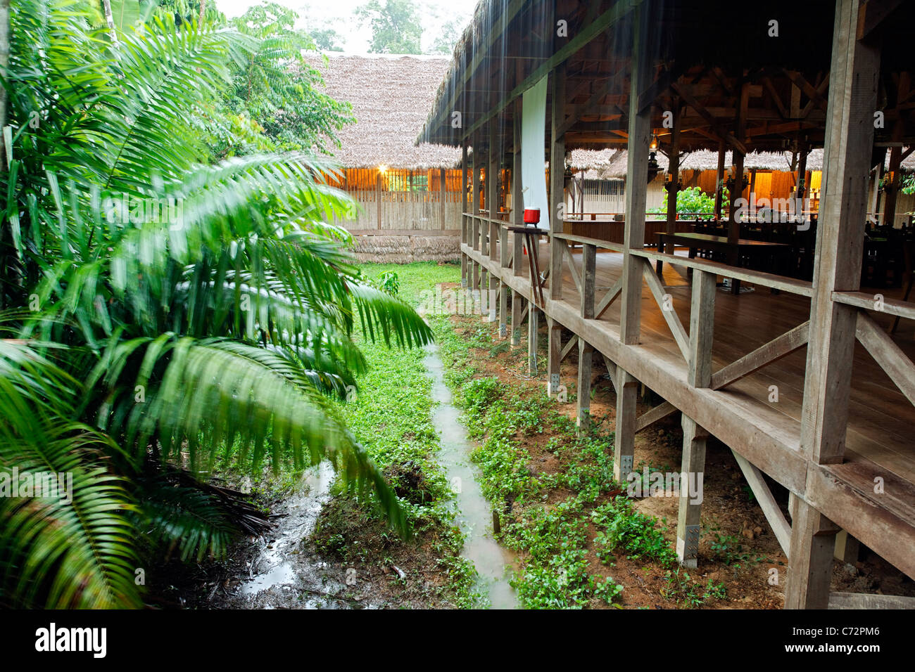 Refugio Amazonas jungle lodge dans de fortes pluies, la rivière Tambopata, Pérou Banque D'Images