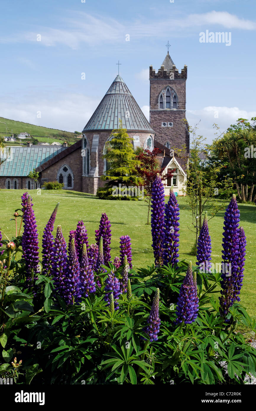 Eglise St Mary et jardins de fleurs, Dingle (An Daingean), Péninsule de Dingle, comté de Kerry, Irlande Banque D'Images