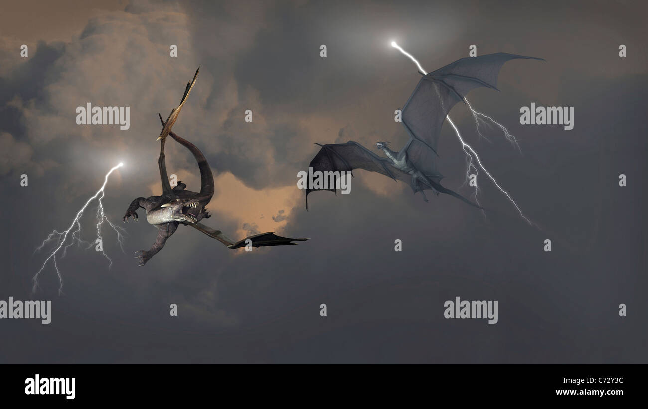 Dragons combats dans les nuages de tempête Banque D'Images