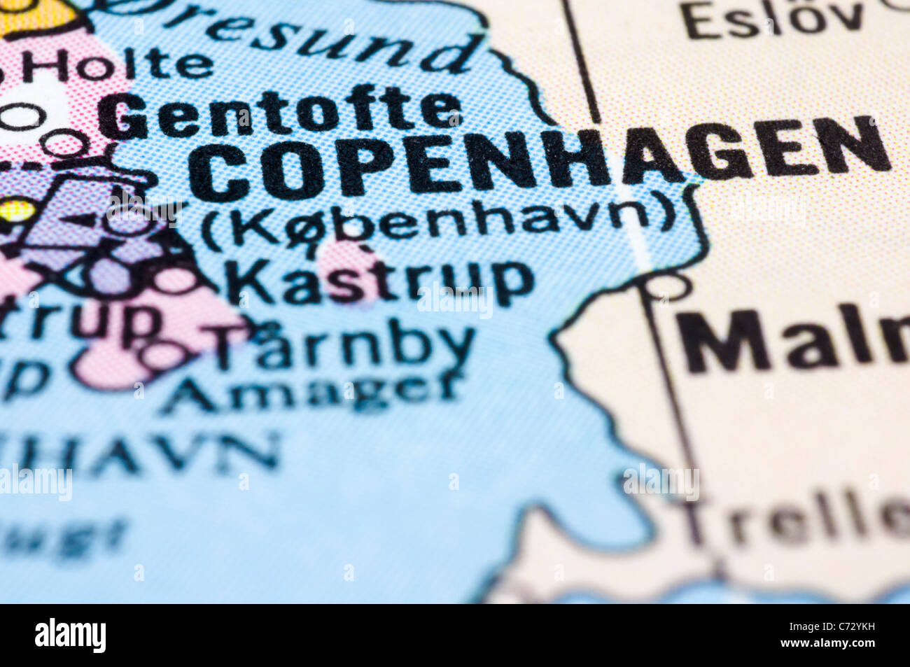 Fermer la carte de Copenhague, capitale du Danemark. Banque D'Images