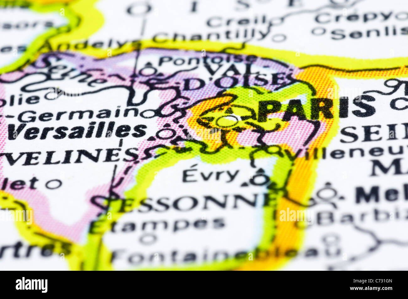Un gros plan de Paris sur carte, une ville de France. Banque D'Images