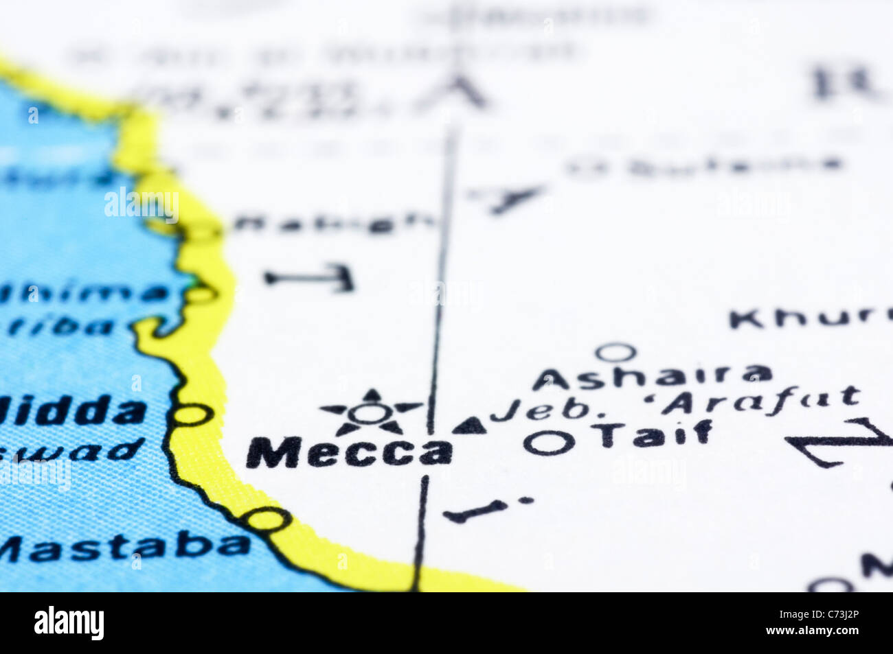 Un gros plan sur la carte de la Mecque, l'Arabie Saoudite Banque D'Images