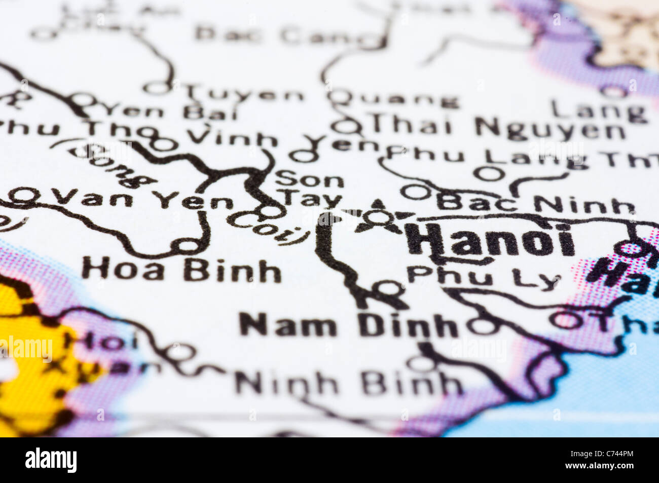 Un gros plan sur la carte de Hanoi, capitale du Vietnam. Banque D'Images