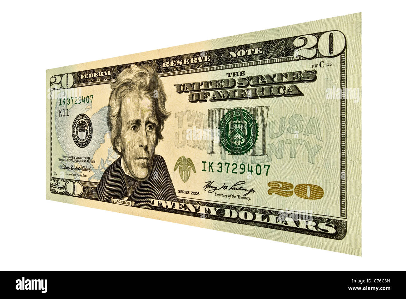 Seul $20 USD loi isolated on white Banque D'Images