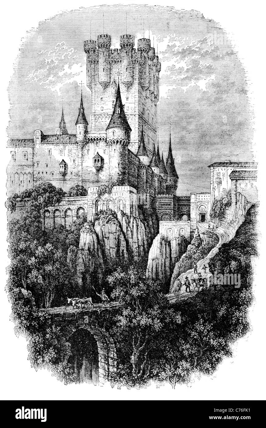 Alcázar Segovia fortifications en pierre du château rocher forteresse palais royal bastion fort tourelle siège guerre bataille Banque D'Images