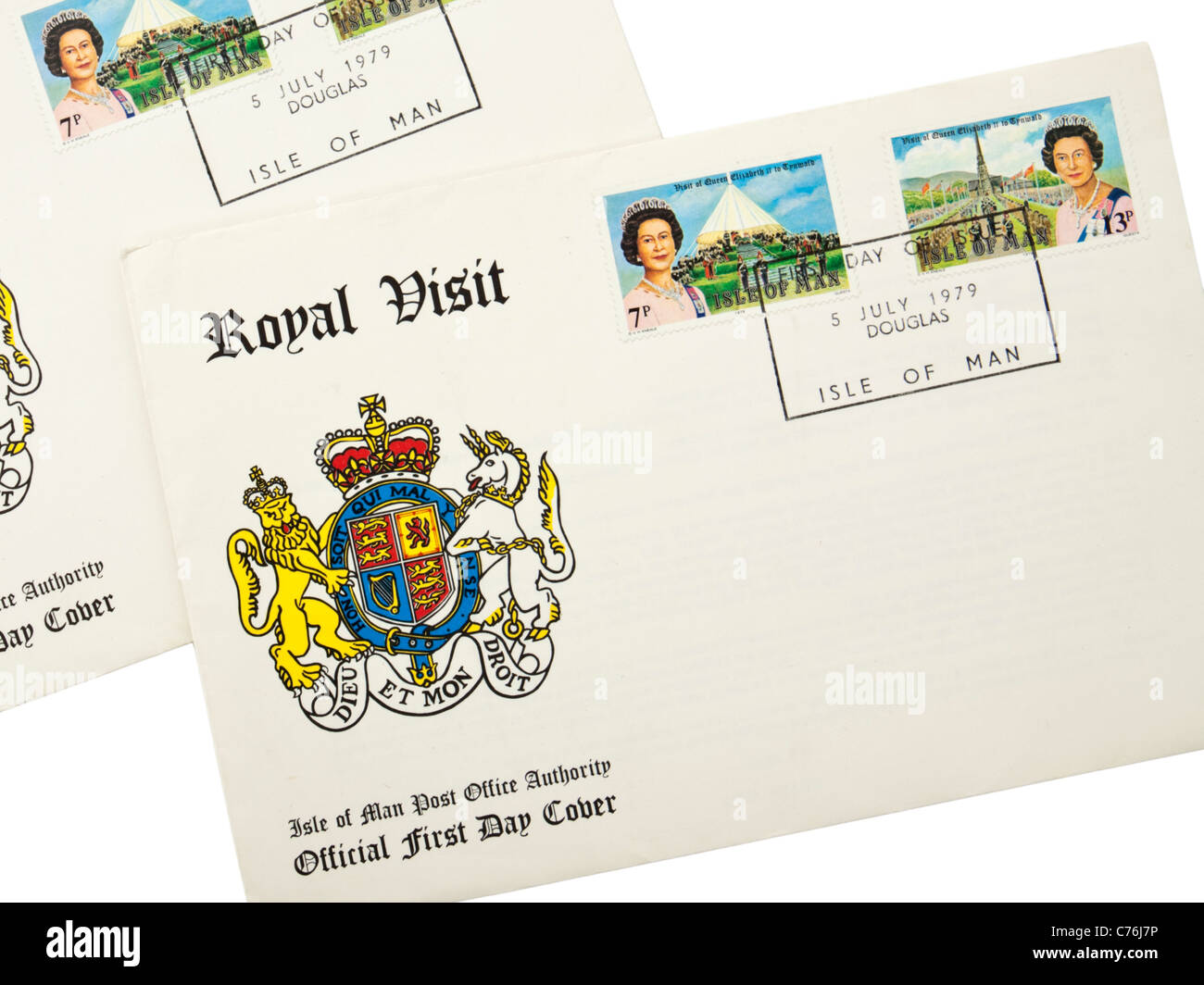 1979 Enveloppe premier jour des timbres commémorant la première visite royale à l'île de Man après le Jubilé d'argent 1977 Banque D'Images