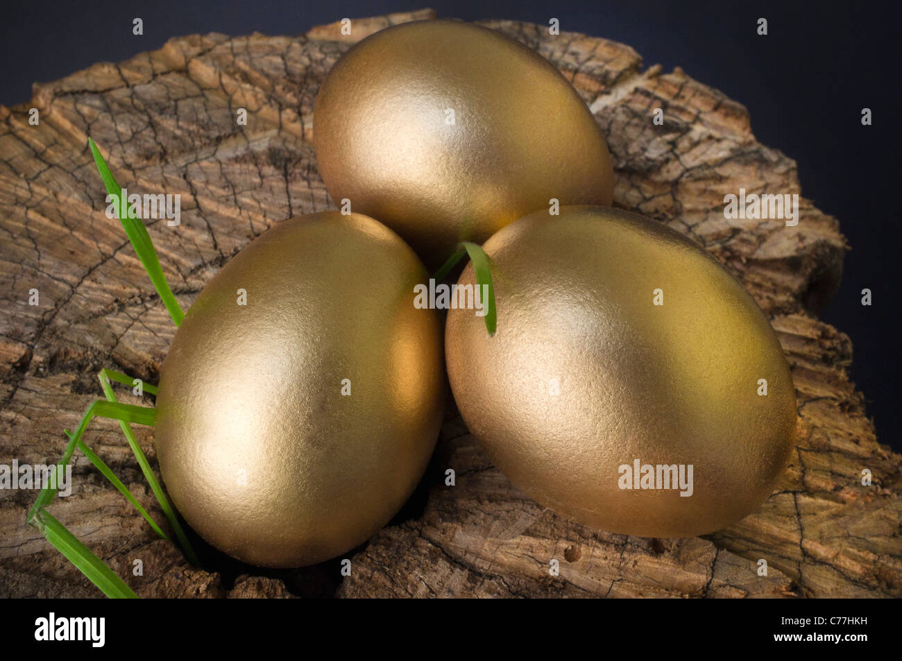 Trois oeufs d'or sur un billot avec les mauvaises herbes Banque D'Images